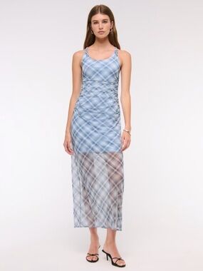 NWT Abercrombie & Fitch Plaid Mesh Twisted Halter Midi Dress Blue Medium